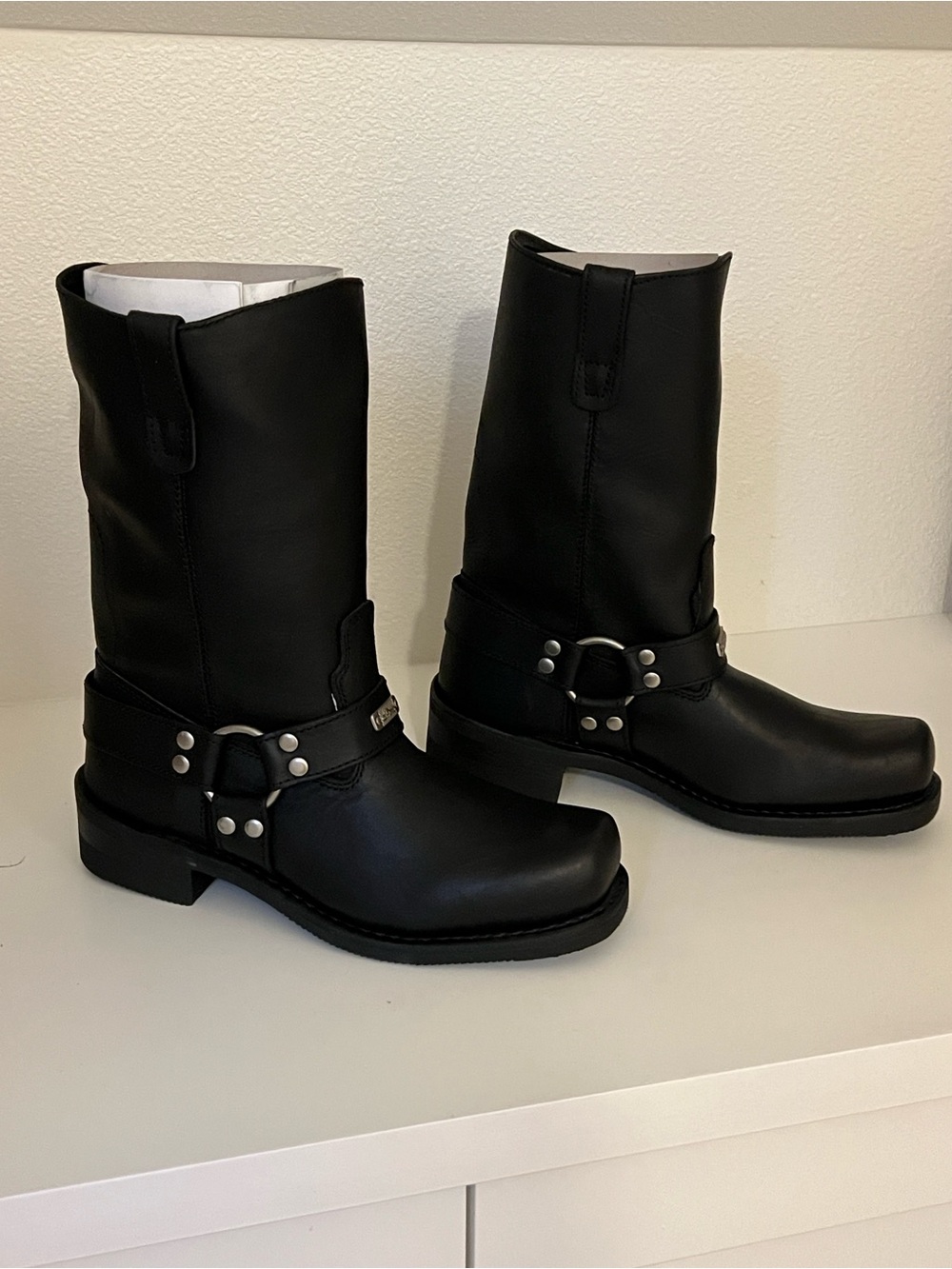 Men's Black Leather Harness Boots with Silver Hardware